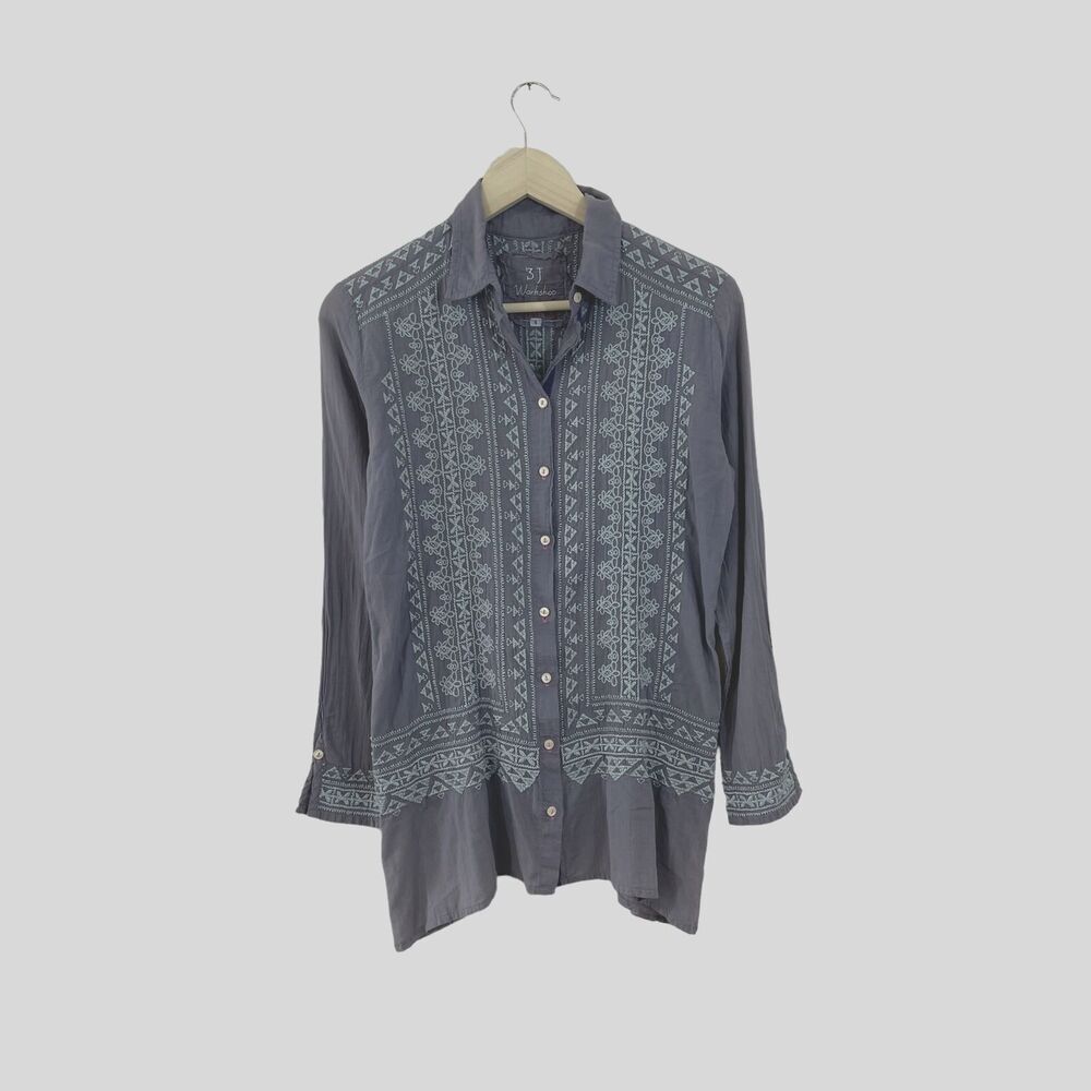Johnny Was Small Button Up Tunic Embroidered Gray Tunic Long Sleeve Womens READ